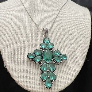 925 Sterling Silver Handmade Apatite Gemstone Cross Necklace Womens Jewelry